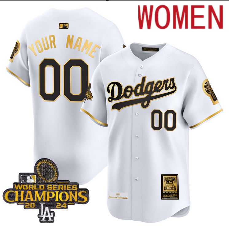 Women MLB Los Angeles Dodgers Custom white 2024 World Series Champions Patch Cooperstown Jersey style 4